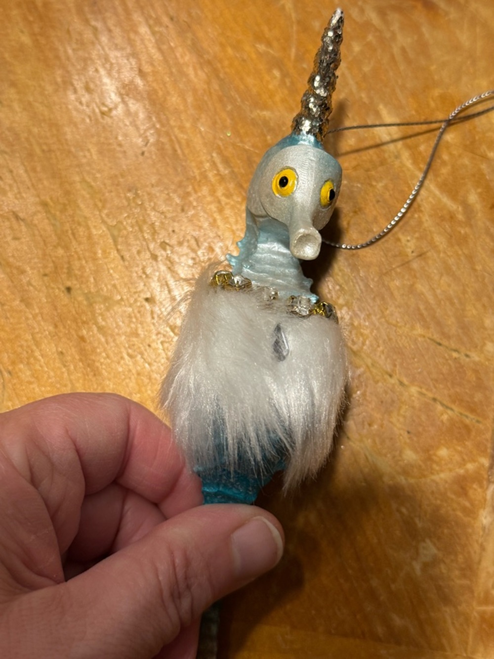 Teal Seahorse Unicorn Holiday Ornament with Faux Fur - Picture 2 of 3
